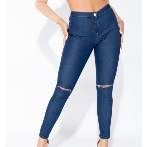 Blue High Waist Ripped Distressed Skinny Denim Jeggings Pants - Picture 1 of 6